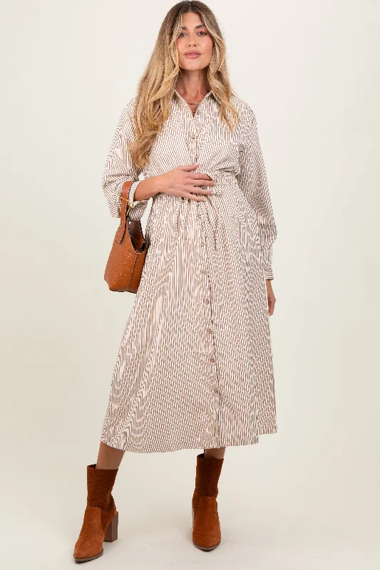 Mocha Striped Sash Tie Maternity Midi Shirt Dress Best midi dresses for casual wear