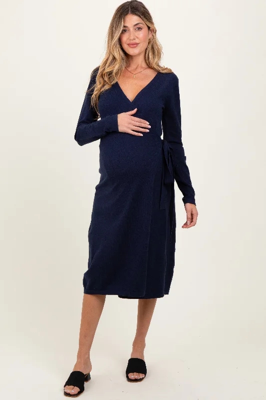 Navy Blue Knit Long Sleeve Wrap Maternity Midi Dress Revolve midi dresses