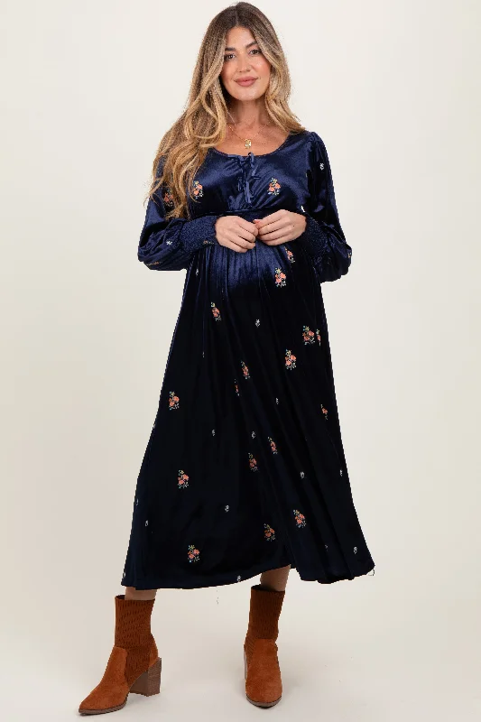 Navy Velvet Embroidered Floral Maternity Midi Dress Spring midi dresses