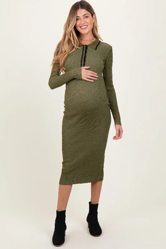 Olive Contrast Trim Ribbed Knit Button Up Maternity Midi Dress Tiered midi dresses