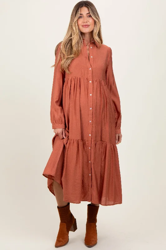 Rust Button Down Long Sleeve Maternity Midi Shirt Dress Luxury midi dresses