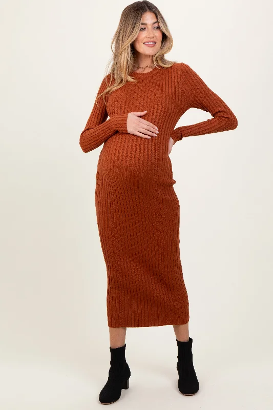 Rust Contrast Ribbed Knit Maternity Midi Dress Halter midi dresses