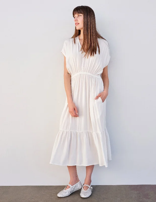 Sundry Midi Dress with Ruffle in Cream Best midi dresses for summer vacation