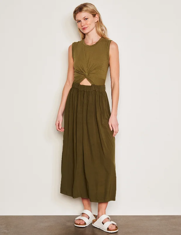 Sundry Midi Mixed Media Dress in Olive Anniversary midi dresses