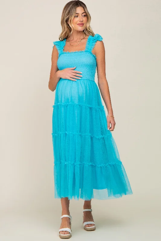 Turquoise Smocked Mesh Ruffle Accent Maternity Midi Dress Designer midi dresses