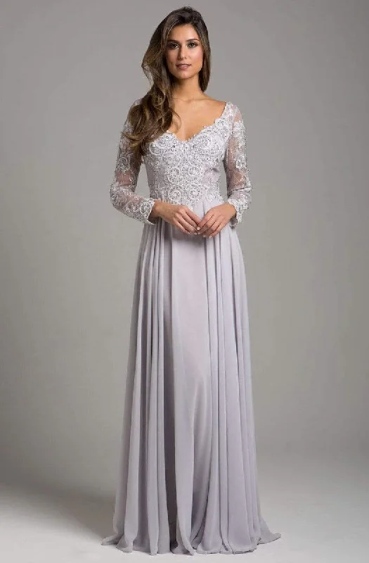 Lara - Illusion Long Sleeve Lace Appliqued A-Line Gown 29929 - 1 pc Silver In Size 8 Available Versatile party dresses for any occasion