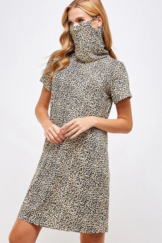 Fitted Leopard Print Cowl Neck Essential Dress with Built-in Face Mask Brunch floral dresses