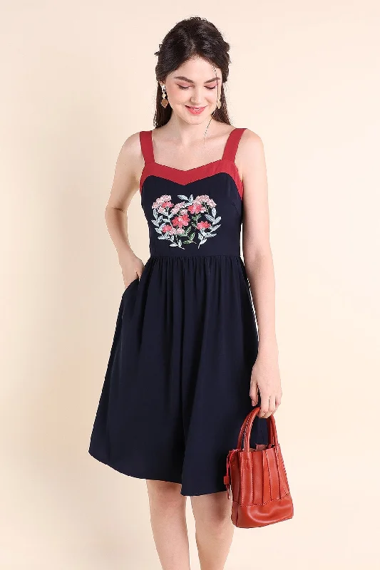 MADEBYNM LEILA FLORAL EMBROIDERY A-LINE DRESS IN NAVY BLUE Affordable floral dresses