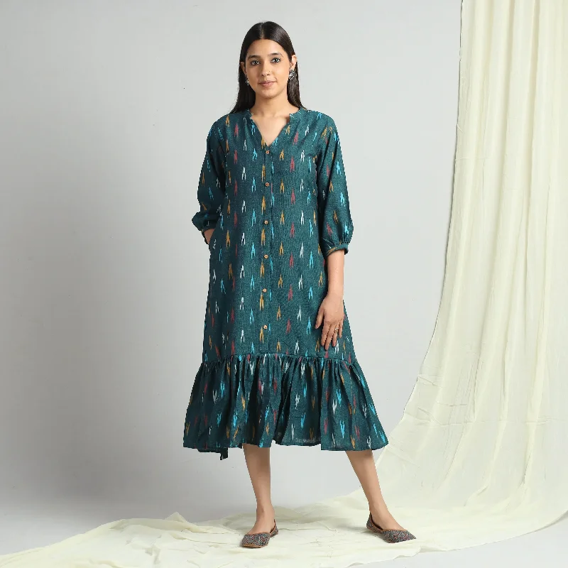 Dark Green - Pochampally Ikat Weave Flare Cotton Dress Ruched unclassified dresses