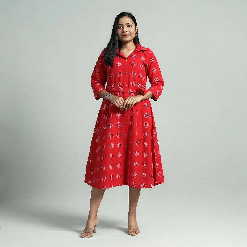 Red - Pochampally Double Ikat Cotton Flared Dress with Belt Metallic unclassified dresses