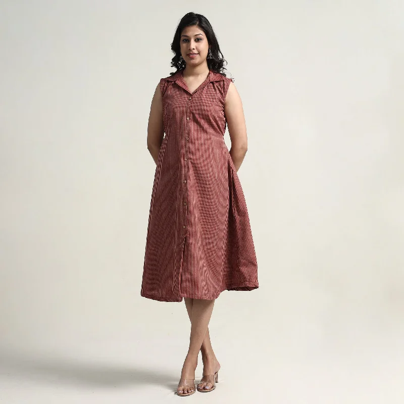 Wine Red - Plain Handloom Cotton Collared Neck Buttoned Down Dress Earthy tone unclassified dresses