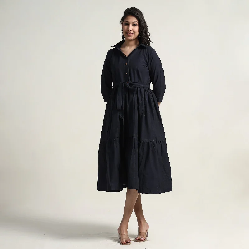 Black - Plain Handloom Cotton Collared Neck Flare Dress One-shoulder unclassified dresses