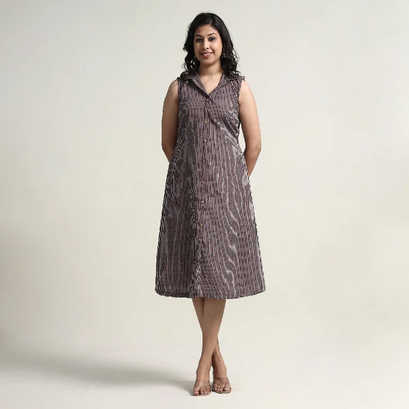 Brown - Plain Handloom Cotton Collared Neck Buttoned Down Dress Y2K unclassified dresses