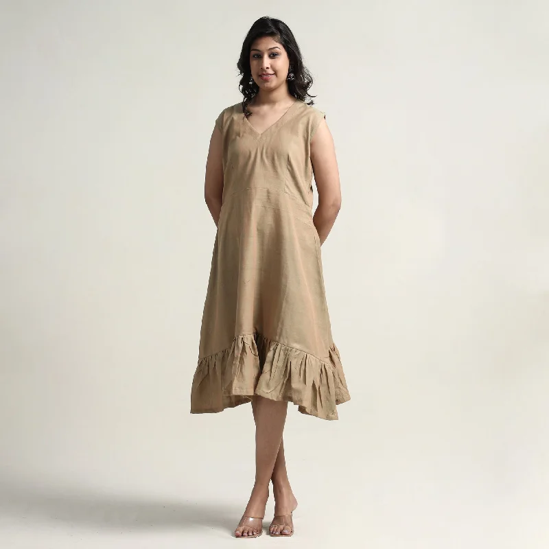 Beige - Plain Handloom Cotton Flare Dress Long sleeve unclassified dresses