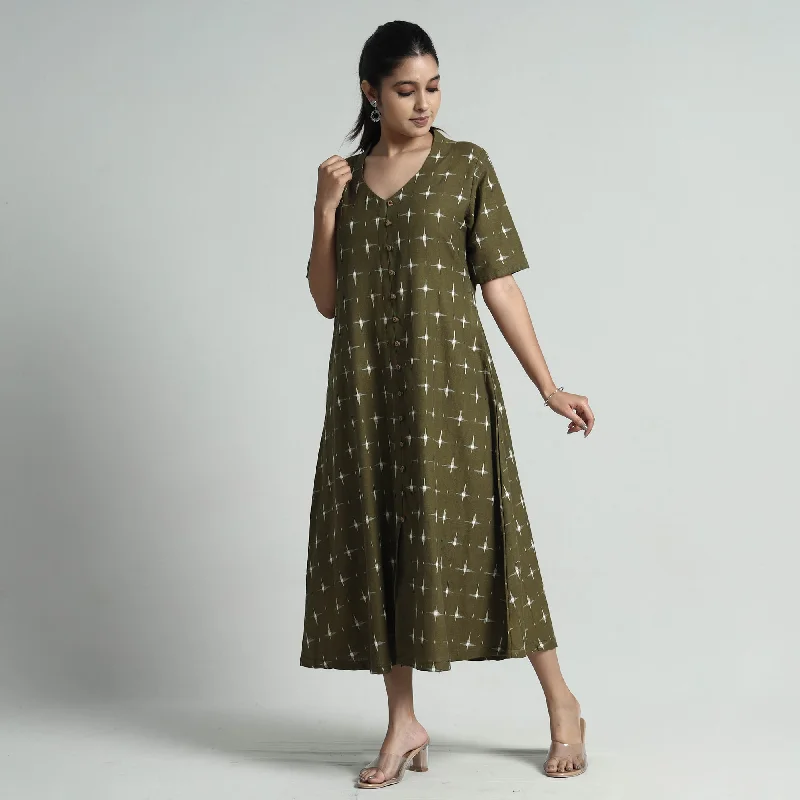 Green - Pochampally Double Ikat Weave Cotton Dress Lace unclassified dresses