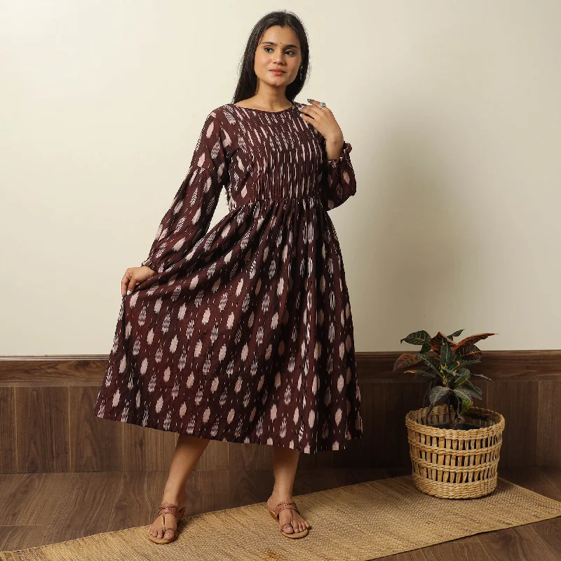 Maroon - Pochampally Ikat Weave Cotton Pintuck Flared Dress 01 Winter unclassified dresses