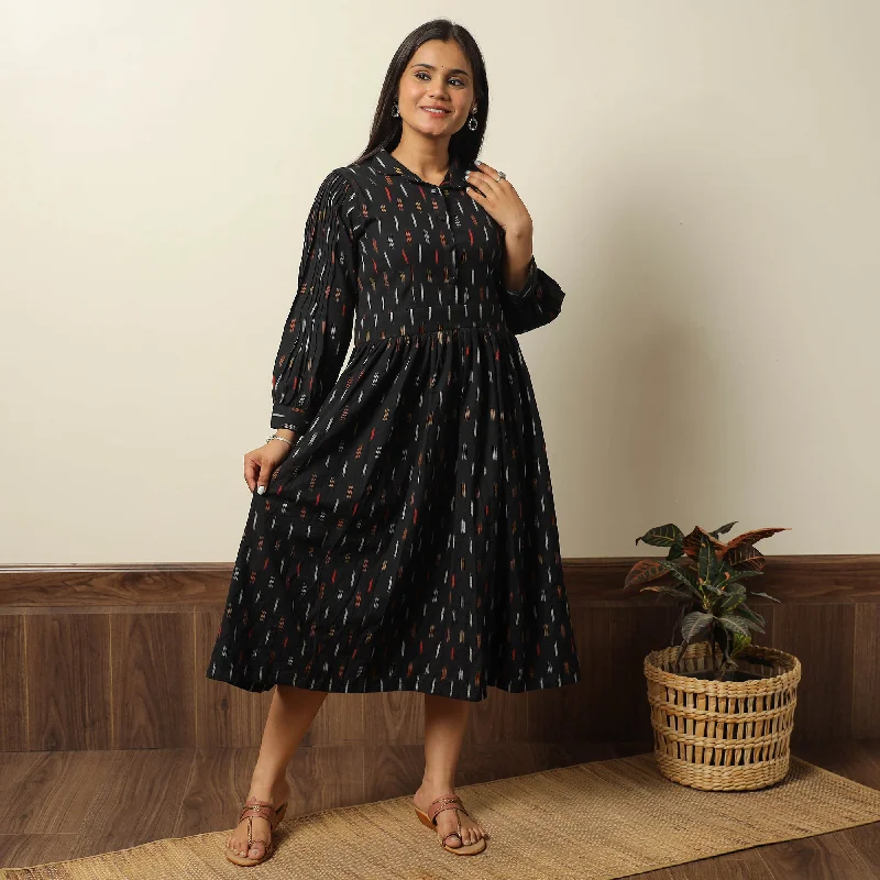 Black - Pochampally Ikat Weave Cotton Flared Dress 11 Cotton unclassified dresses