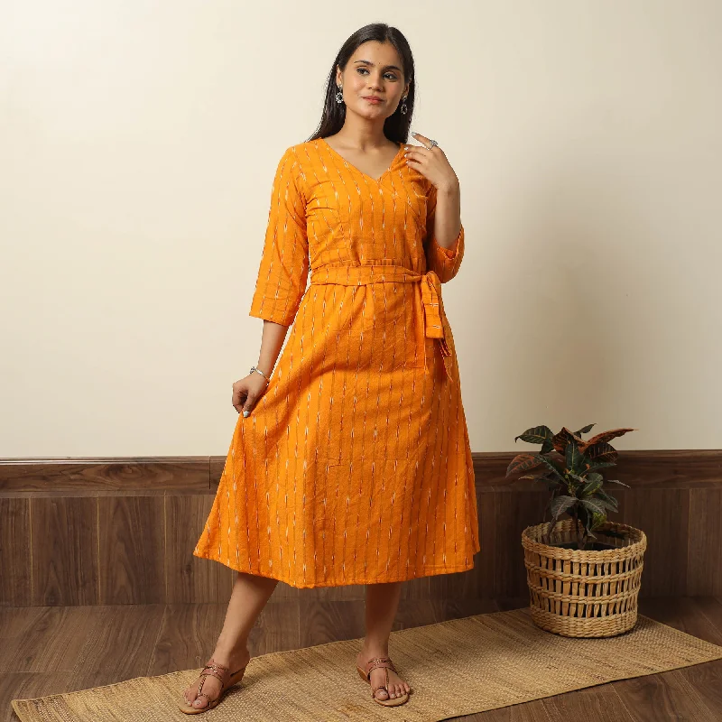 Orange - Pochampally Ikat Weave Cotton Dress with Belt 18 Boho unclassified dresses