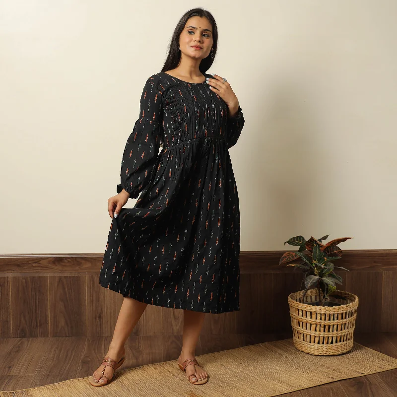 Black - Pochampally Ikat Weave Cotton Pintuck Flared Dress 03 Monochrome unclassified dresses