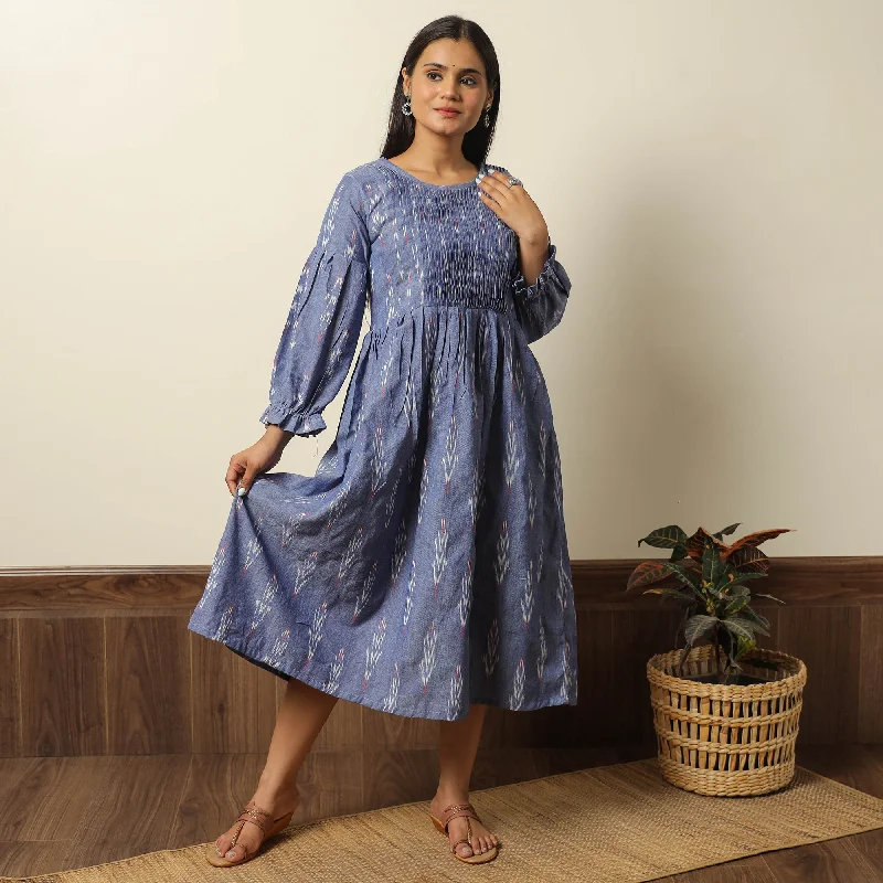 Blue - Pochampally Ikat Weave Cotton Pintuck Flared Dress 04 Summer unclassified dresses