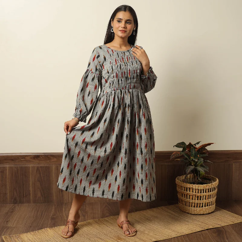 Grey - Pochampally Ikat Weave Cotton Pintuck Flared Dress 05 Vacation unclassified dresses