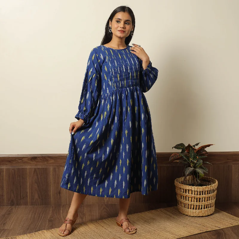 Blue - Pochampally Ikat Weave Cotton Flared Dress 06 Trendy unclassified dresses