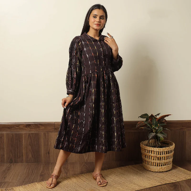 Brown - Pochampally Ikat Weave Cotton Flared Dress 09 Stylish unclassified dresses