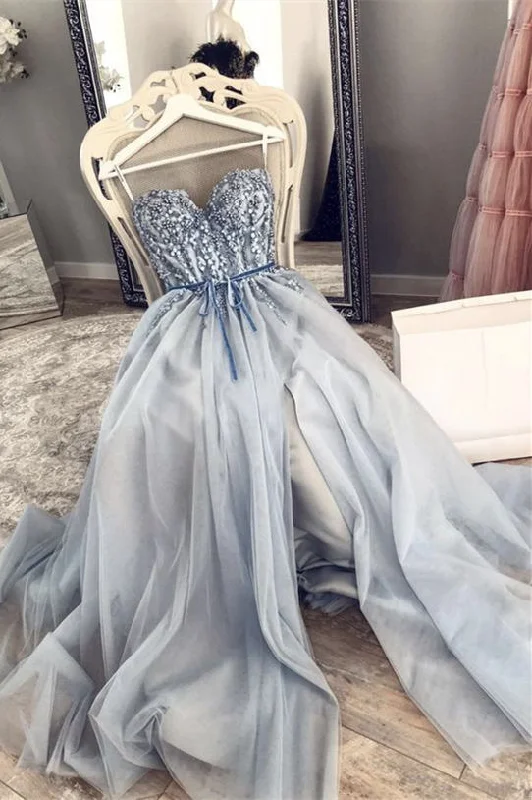 A-Line Grey Beaded Top Prom Dress with Slit Pastel unclassified dresses