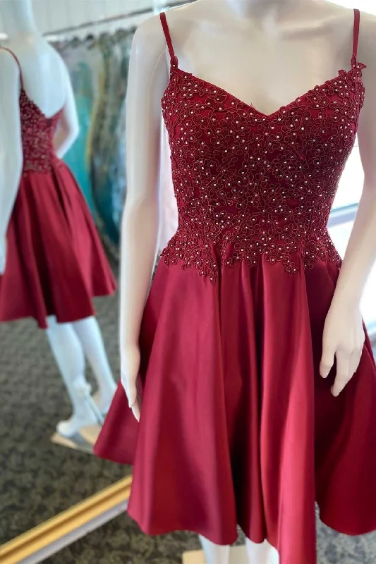 A-Line Wine Red Beaded V-Neck Homecoming Dress Spring unclassified dresses