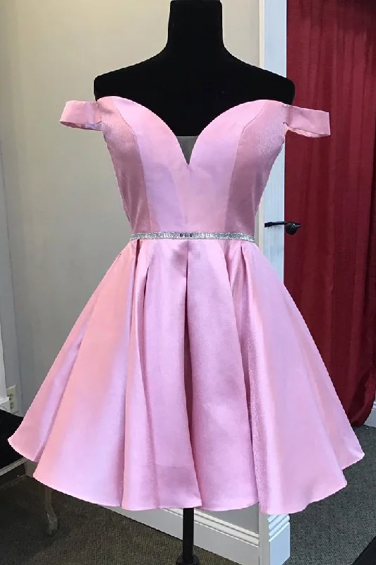 Beaded Waist Off the Shoulder Pink Homecoming Dress Ruched unclassified dresses