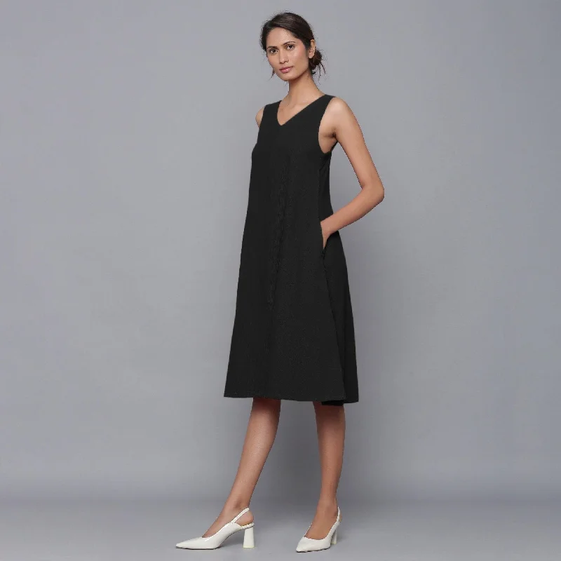 Black Warm Cotton Corduroy Knee Length Flared Dress Satin unclassified dresses