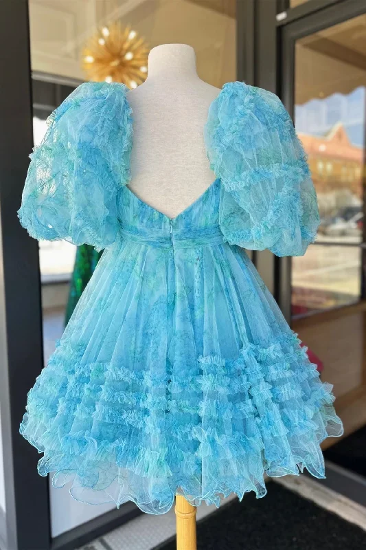 Blue Puff Sleeves Ruffles Babydoll Homecoming Dress with Bow Club unclassified dresses