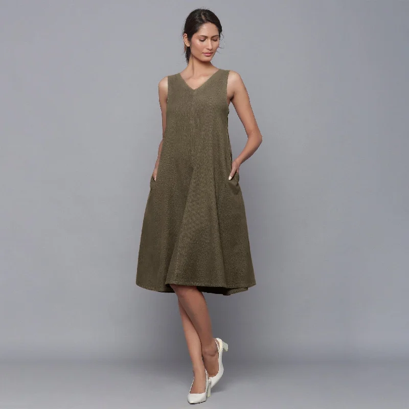 Bronze Grey Warm Cotton Corduroy Knee Length Flared Dress Minimalist unclassified dresses