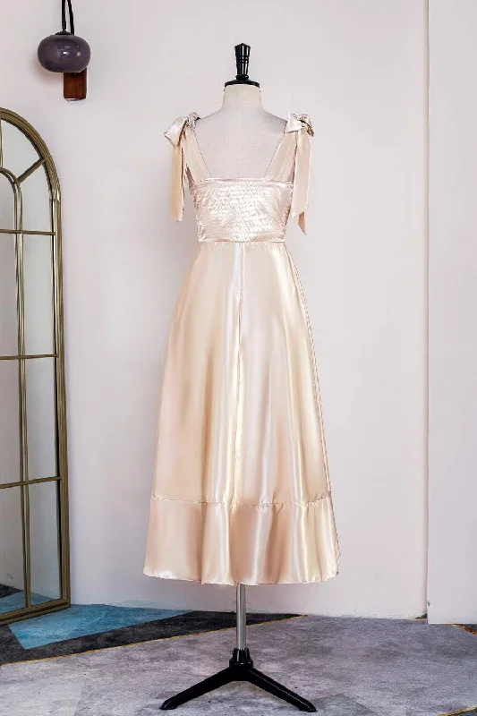 Champagne Bow Tie Straps A-line Satin Tea-Length Bridesmaid Dress Engagement unclassified dresses