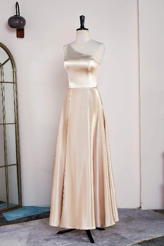 Champagne One Shoulder A-line Satin Tea Length Bridesmaid Dress Lace unclassified dresses