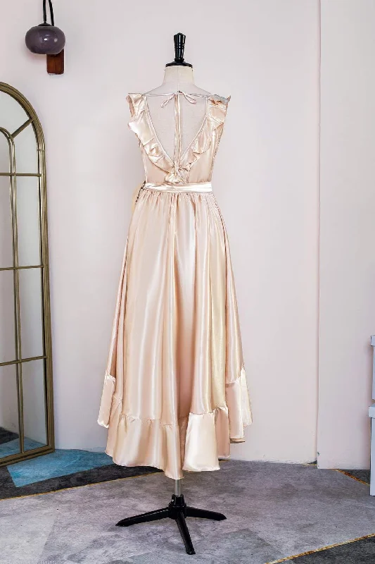 Champagne Ruffled Faux-Wrapped A-line Hi-Low Bridesmaid Dress with Sash One-shoulder unclassified dresses