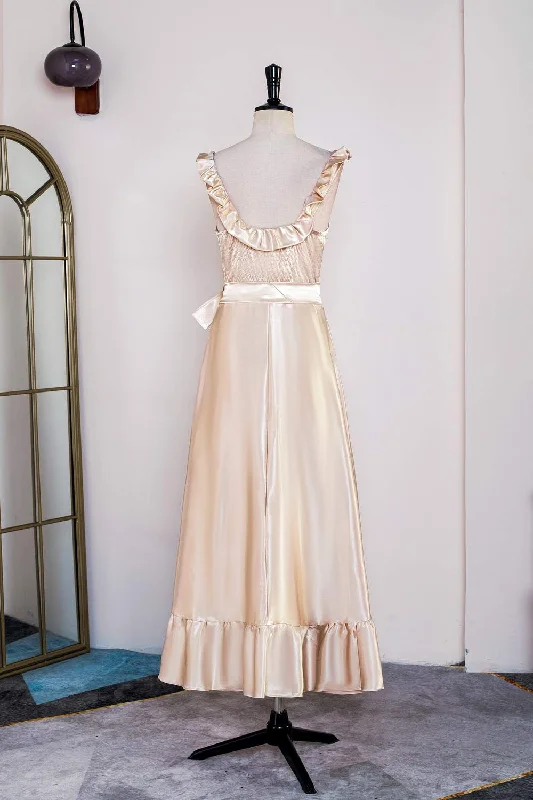 Champagne Sleeveless Ruffled A-line Tea-Length Bridesmaid Dress with Sash Chic unclassified dresses