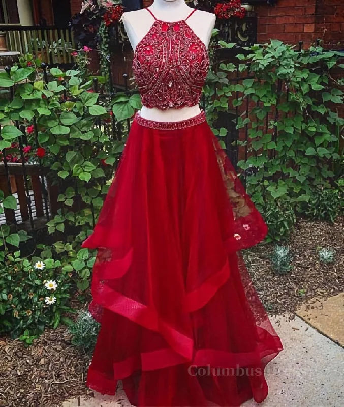 Custom Made Beaded Red Halter Two Piece Corset Prom Dresses ,Corset Formal Dresses outfit Silk unclassified dresses