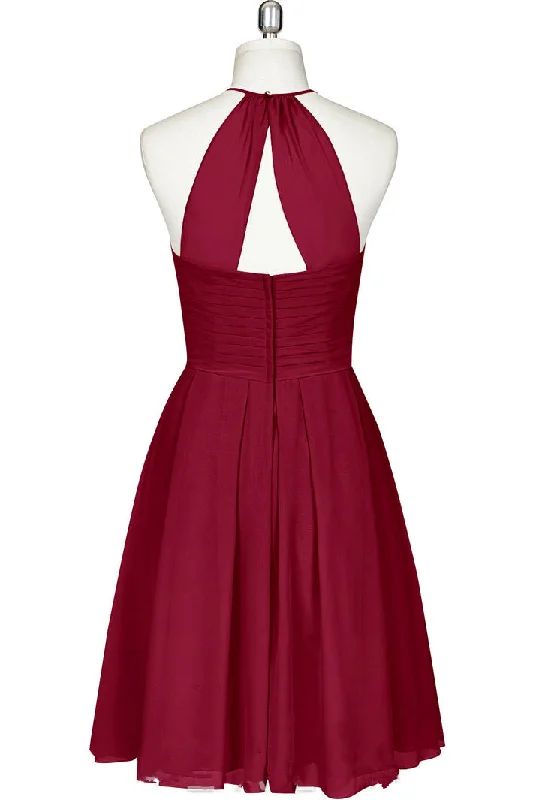 Cute Halter Burgundy Chiffon Knee Length Bridesmaid Dress High-low unclassified dresses