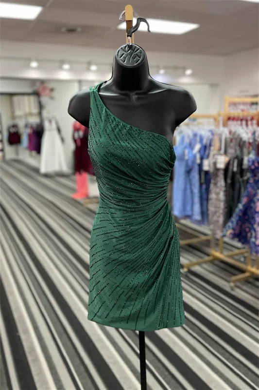 Dark Green One Shoulder Beaded Satin Sheath Homecoming Dress Long sleeve unclassified dresses