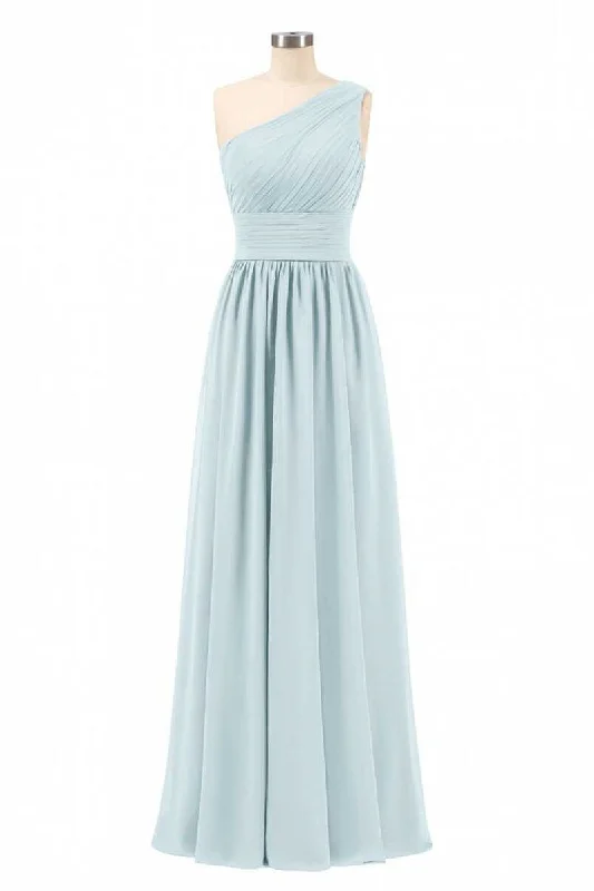 Dusty Blue Chiffon One-Shoulder Banded Waist Bridesmaid Dress A-line unclassified dresses