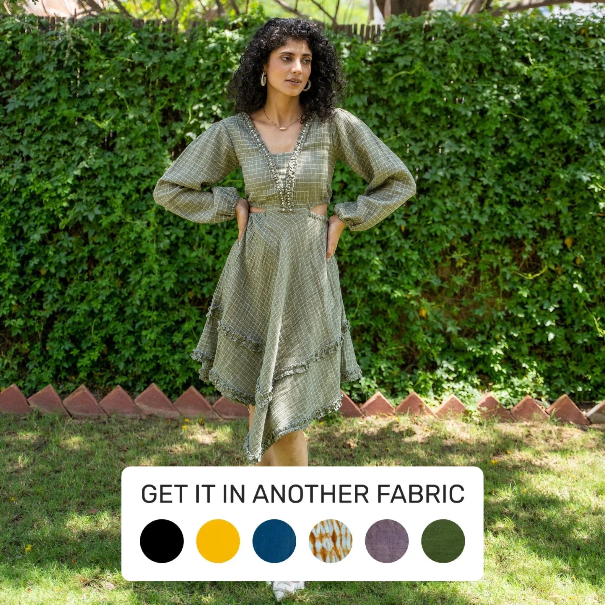 Ecru and Sap Green Checks Crinkled Cotton Asymmetrical Boho Dress Pastel unclassified dresses