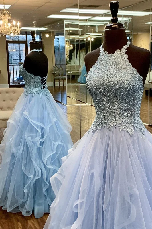 Elegant A-Line Halter Appliques Light Blue Prom Dress Trendy unclassified dresses