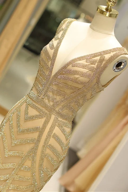 Elegant Mermaid Deep V Neck Gold Beaded Formal Evening Dress Metallic unclassified dresses