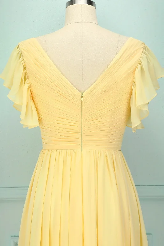 Elegant V Neck Pleated Yellow Bridesmaid Dress with Ruffles Holiday unclassified dresses