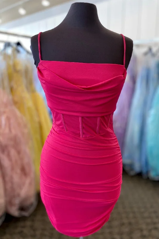 Fuchsia Sheath Satin Straps Homecoming Dress Color block unclassified dresses