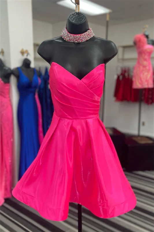 Fuchsia Strapless Surplice A-line Satin Homecoming Dress Floral unclassified dresses