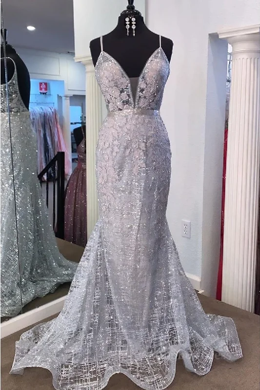 Gorgeous V Neck Mermaid Backless Silver Gray Corset Prom Dress, Mermaid Silver Gray Corset Formal Dress, Backless Silver Gray Evening Dress outfit Trendy unclassified dresses