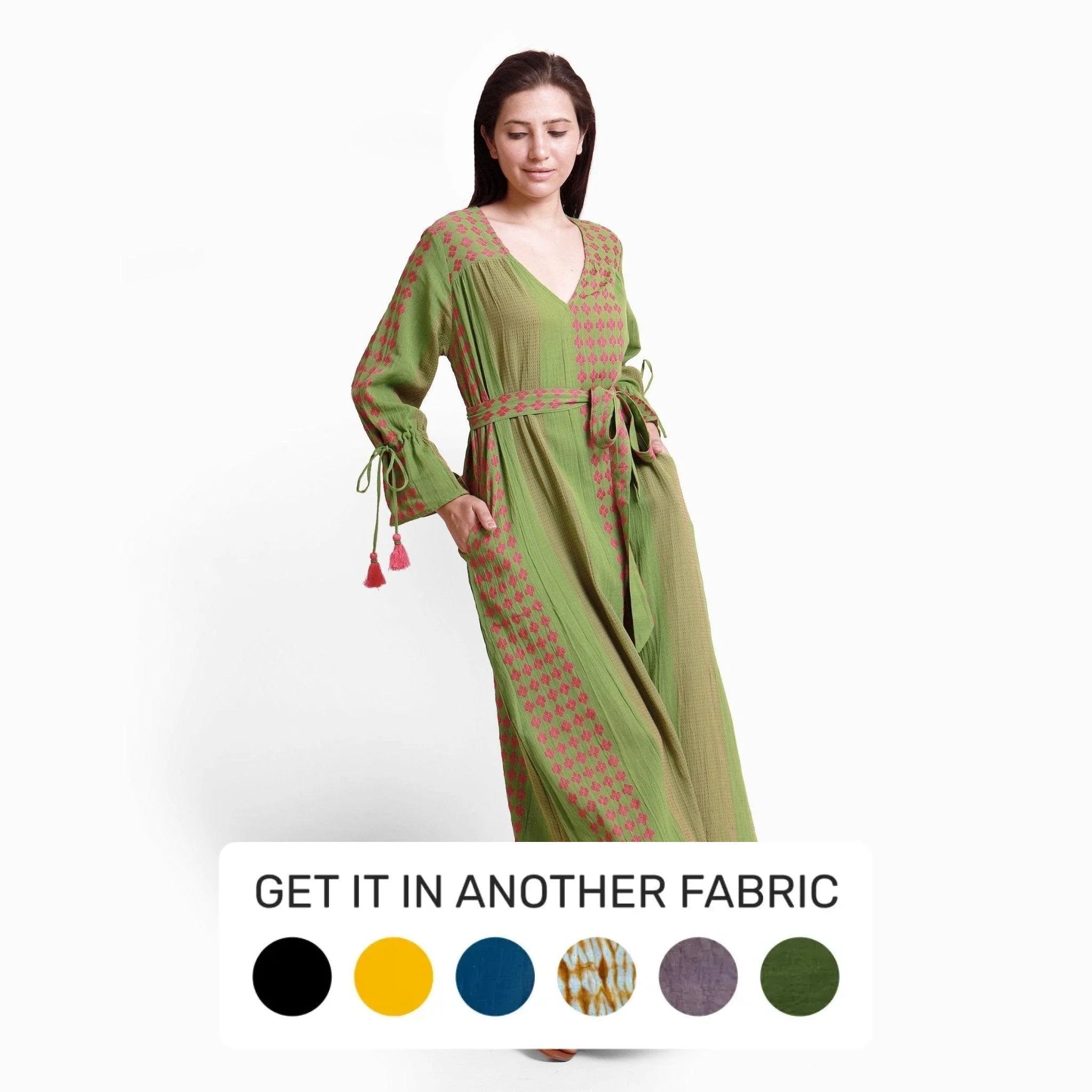 Green Yarn Dyed Cotton Ankle Length Bohemian Dress Long unclassified dresses