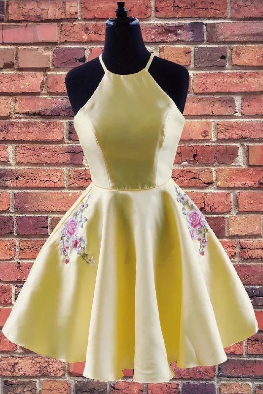 Halter Embroidered Yellow Homecoming Dress with Pockets Open-back unclassified dresses